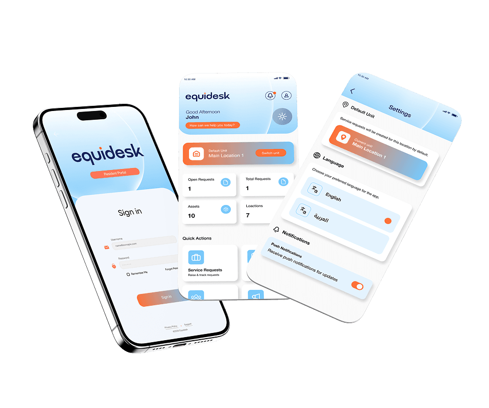equidesk mobile app screens for sign in, technician dashboard, and settings