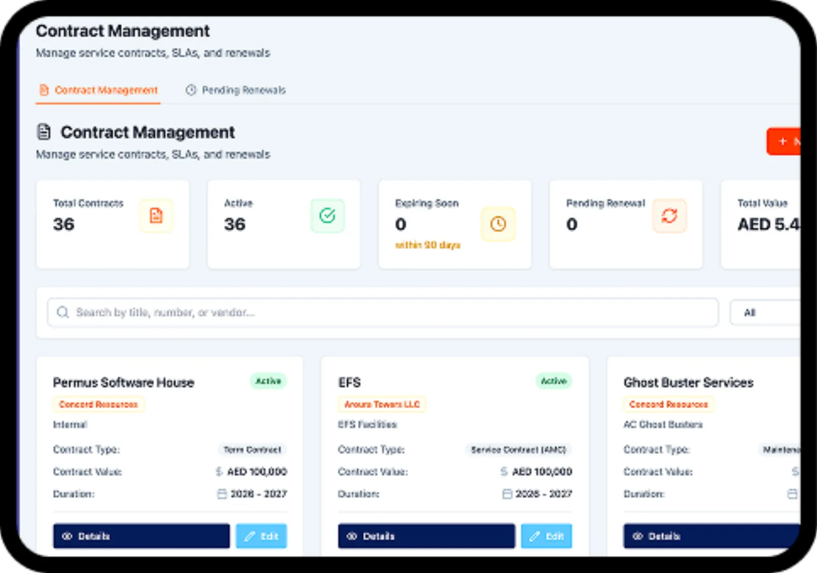 Contract, SLA & Vendors dashboard 1