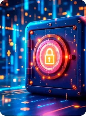 Encrypted secure storage represented by a glowing padlock