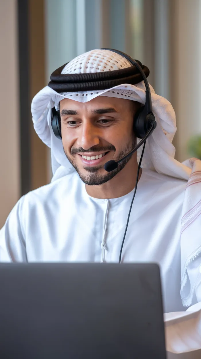 equidesk support specialist based in Dubai wearing a headset